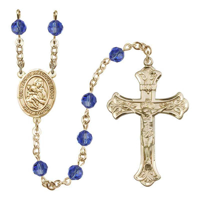 Our Lady of the Precious Blood Rosary with Gold-filled Scroll Crucifix and Centerpiece, Birthstone 6mm Austrian Crystal Sapphire Beads for September