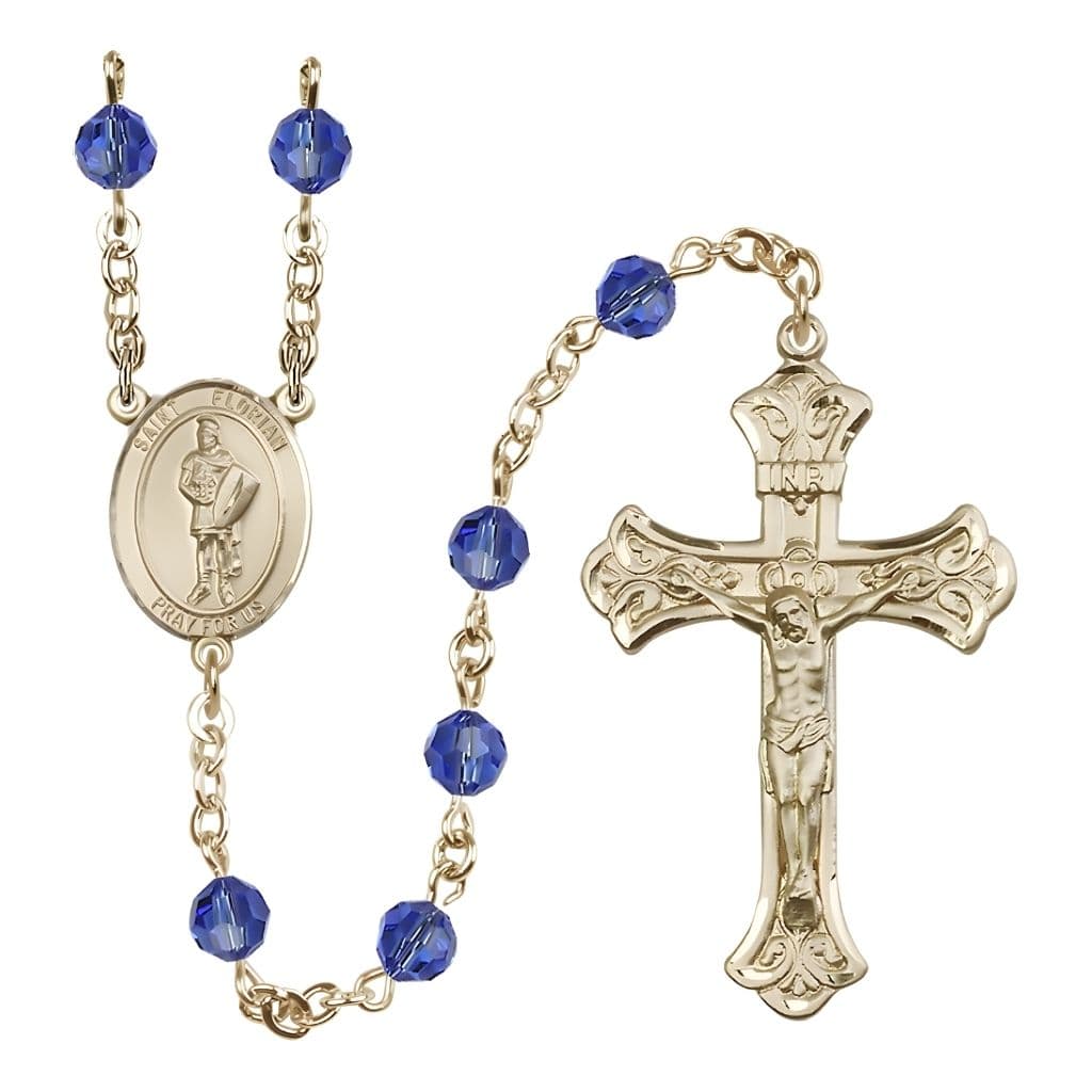 Bliss St. Florian 14kt Gold Scalloped Tip Crucifix Crystal Rosary with Sapphire Beads,