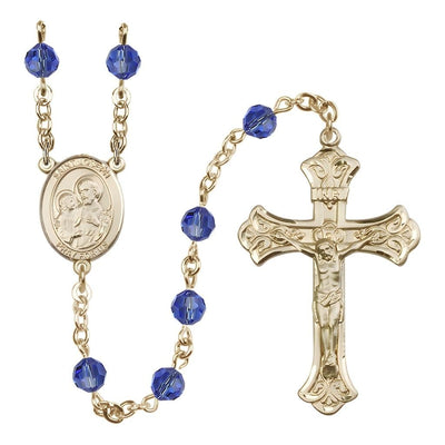 St. Joseph Rosary with 14kt Gold Scroll Crucifix and Centerpiece, Birthstone 6mm Austrian Crystal Sapphire Beads for September