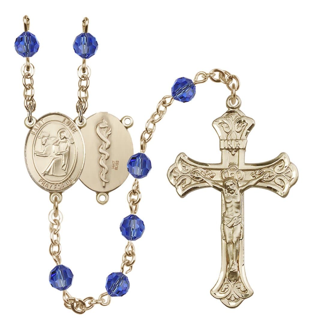 Bliss Doctor St Luke 14kt Gold Flared Tip Crucifix Crystal Rosary in Sep/Sapphire,