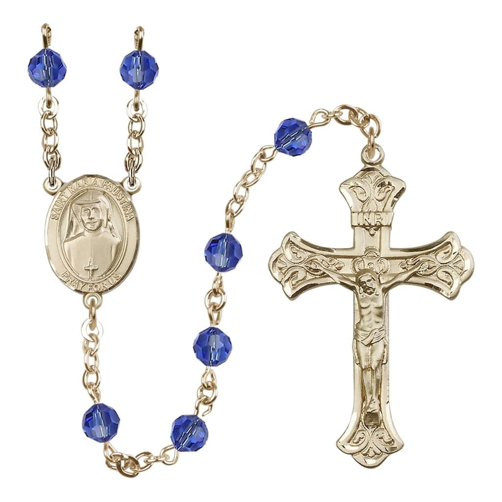 Bliss St. Maria Faustina 14kt Gold Birthstone 6mm Sapphire Engravable Rosary with Gold Centerpiece and Crucifix,