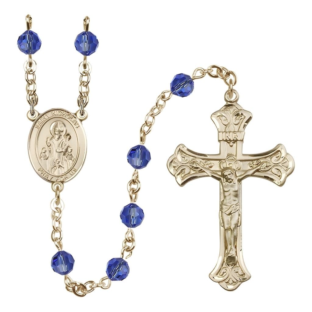 Bliss St. Nicholas Engravable Rosary with 14kt Gold Centerpiece and Scroll Design Crucifix, September Birthstone 6mm Sapphire Austrian Crystal Beads