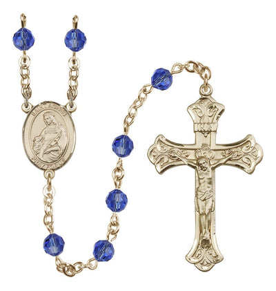 St Agnes of Rome 14kt Gold 6mm Austrian Crystal Rosary in Sapphire, Bliss Manufacturing