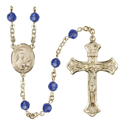 St. Therese of Lisieux 6mm Sapphire Austrian Crystal Birthstone 14kt Gold Rosary with Scroll Design Crucifix, Bliss Manufacturing