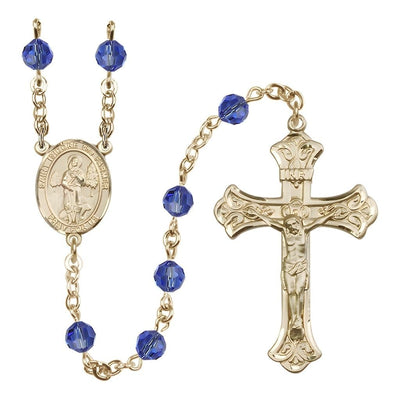 St. Isidore the Farmer Engravable Rosary with 14kt Gold Scroll Crucifix and Centerpiece, Birthstone 6mm Austrian Crystal Sapphire Beads for September, Bliss Manufacturing