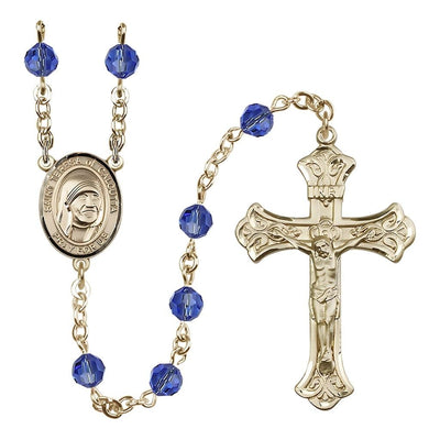 St. Teresa of Calcutta Crystal 14kt Gold Rosary with 6mm Sapphire Austrian crystal beads, Bliss Manufacturing