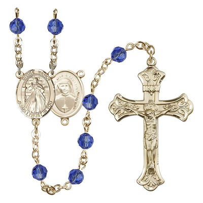 Jesus Divine Mercy Engravable Rosary with 14kt Gold Scroll Crucifix and Centerpiece, Birthstone 6mm Austrian Crystal Sapphire Beads for September, Bliss Manufacturing