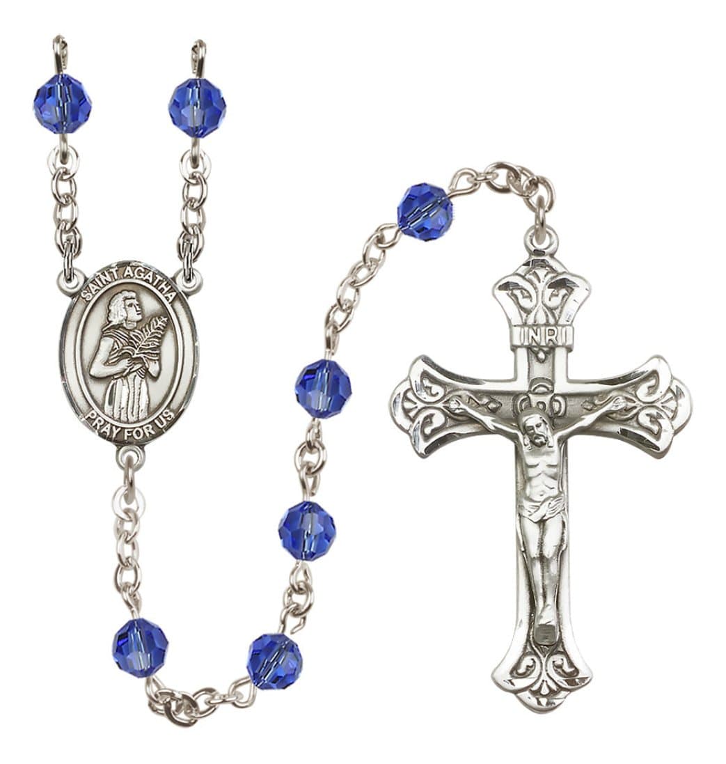  Bliss Sterling Silver 6mm Austrian Crystal Saint Agatha Rosary in Sapphire,