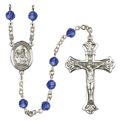 St. Catherine of Siena Engravable Rosary with Sterling Silver Crucifix and Centerpiece, Birthstone 6mm Austrian Crystal Sapphire Beads for September St. Ca, Bliss Manufacturing