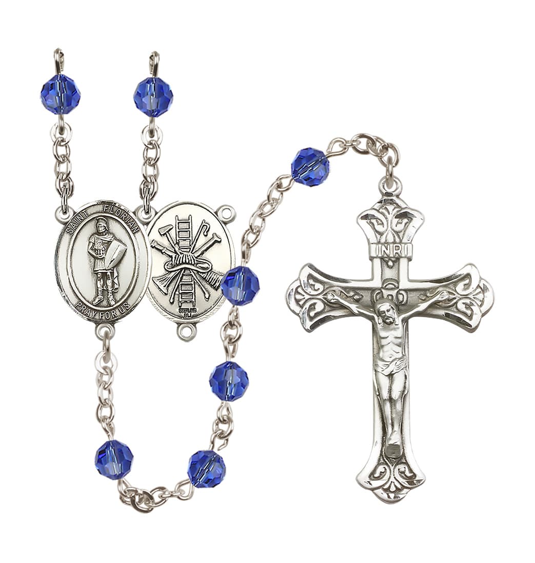 September Sapphire Bliss Manufacturing St Florian Firefighter Sterling Silver Crystal Flared Crucifix Birthstone Rosary,