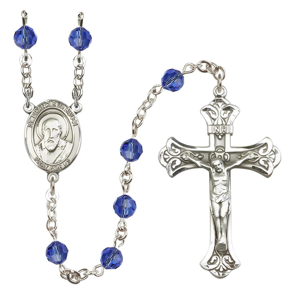 Bliss St. Francis de Sales Rosary with 6mm Sapphire Austrian Crystal Beads and Sterling Silver in gift box,
