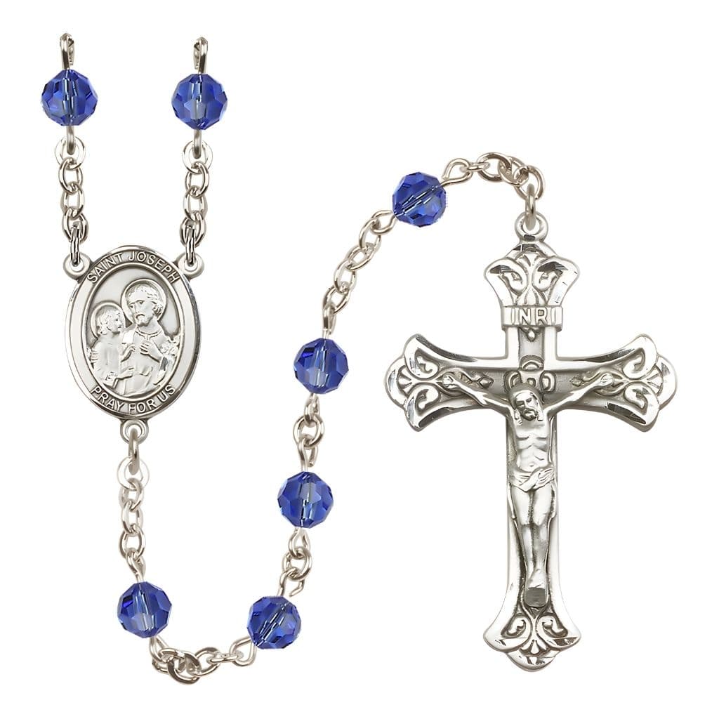St. Joseph Rosary with Sterling Silver Scroll Crucifix and Centerpiece, Birthstone 6mm Austrian Crystal Sapphire Beads for September