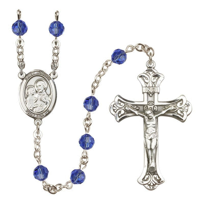 St. Joseph Rosary with Sterling Silver Scroll Crucifix and Centerpiece, Birthstone 6mm Austrian Crystal Sapphire Beads for September