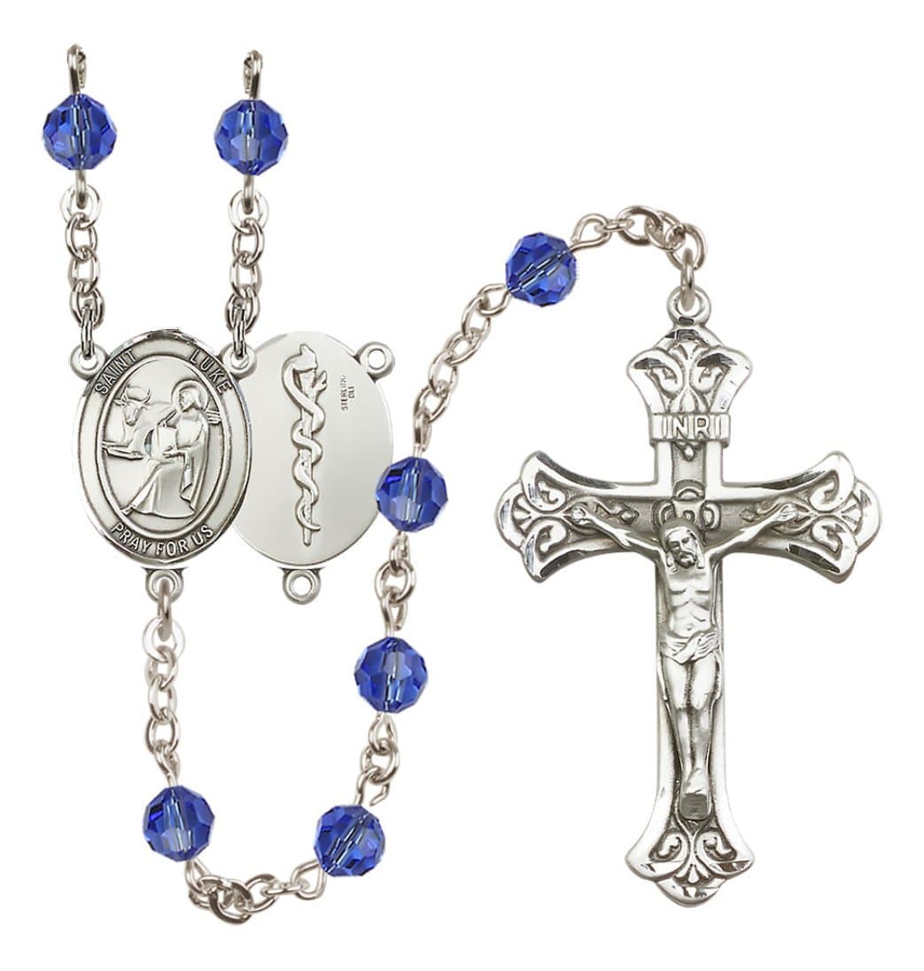 Bliss Doctor St Luke Sterling Silver Crystal Flared Crucifix Rosary in Sapphire,