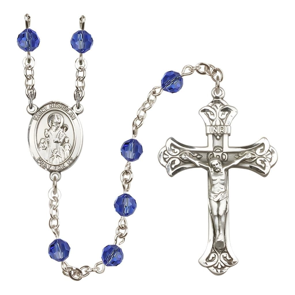 Bliss St. Nicholas Engravable Rosary with Sterling Silver Centerpiece and Scroll Design Crucifix, September Birthstone 6mm Sapphire Austrian Crystal Beads