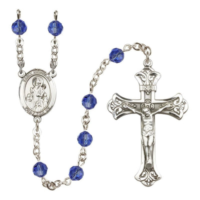 St. Nicholas Engravable Rosary with Sterling Silver Centerpiece and Scroll Design Crucifix, September Birthstone 6mm Sapphire Austrian Crystal Beads, Bliss Manufacturing
