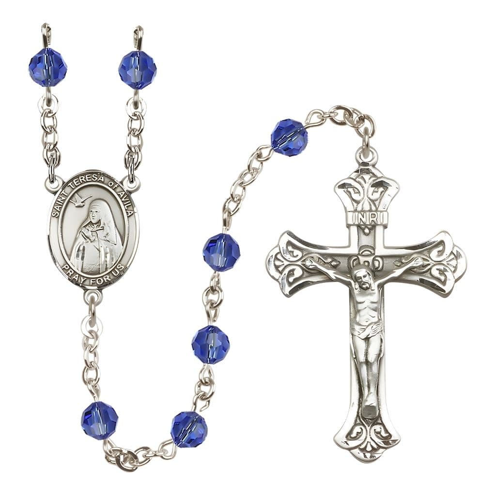 Bliss St. Teresa of Avila 6mm Sapphire Austrian Crystal Birthstone Sterling Silver Rosary