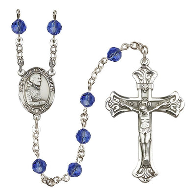 St. Padre Pio of Pietrelcina 6mm Austrian Crystal Birthstone Sterling Silver Rosary in Sapphire, Bliss Manufacturing
