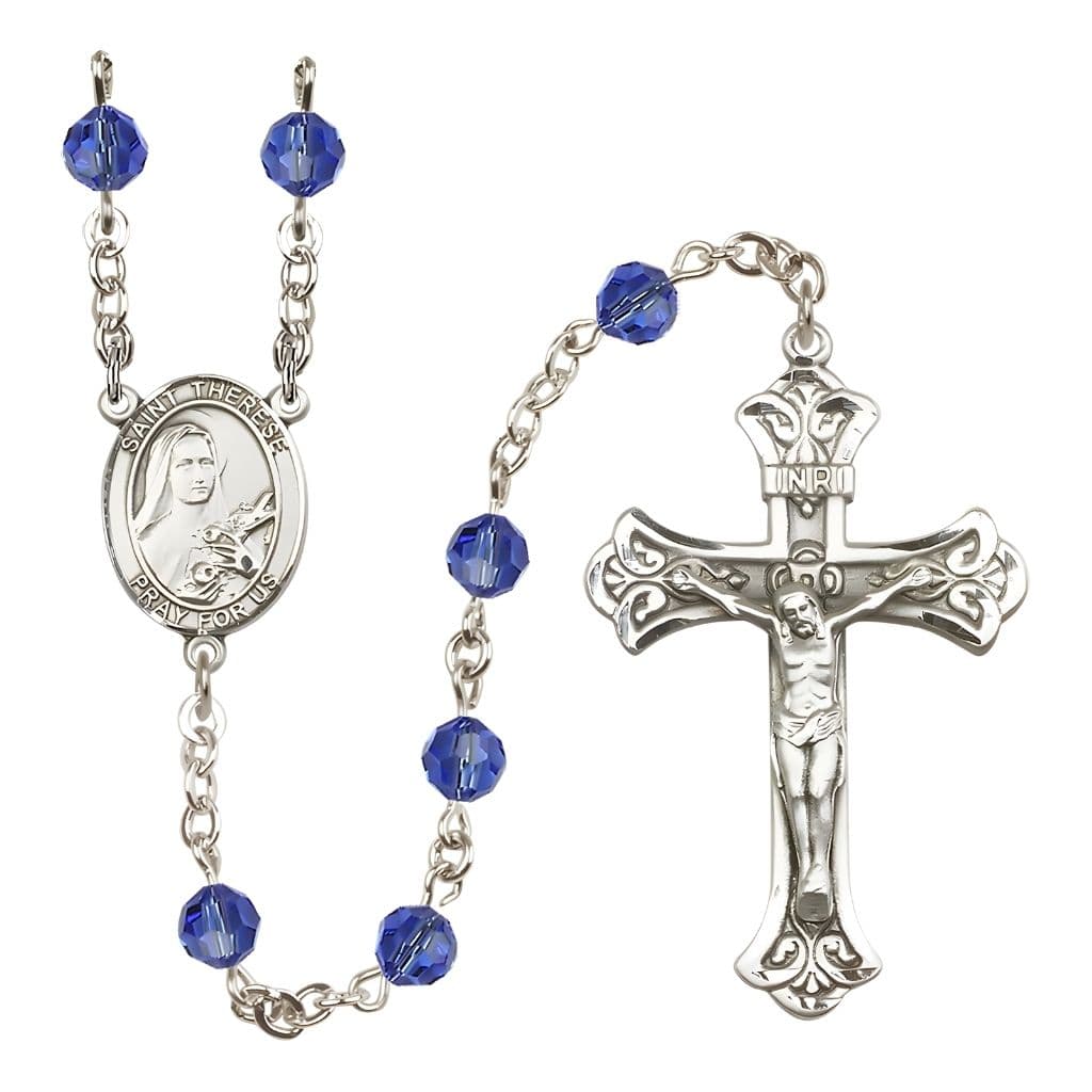 Bliss St. Therese of Lisieux Engravable Rosary with Sterling Silver Centerpiece and Scroll Design Crucifix, September Birthstone 6mm Sapphire Austrian Crystal Beads
