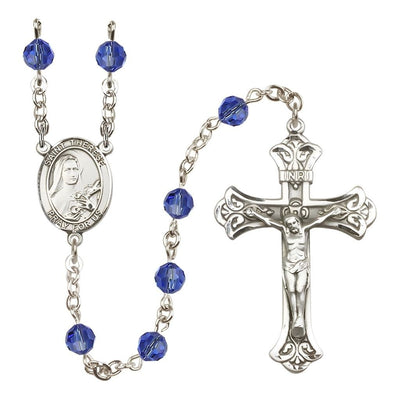 St. Therese of Lisieux Engravable Rosary with Sterling Silver Centerpiece and Scroll Design Crucifix, September Birthstone 6mm Sapphire Austrian Crystal Beads, Bliss Manufacturing