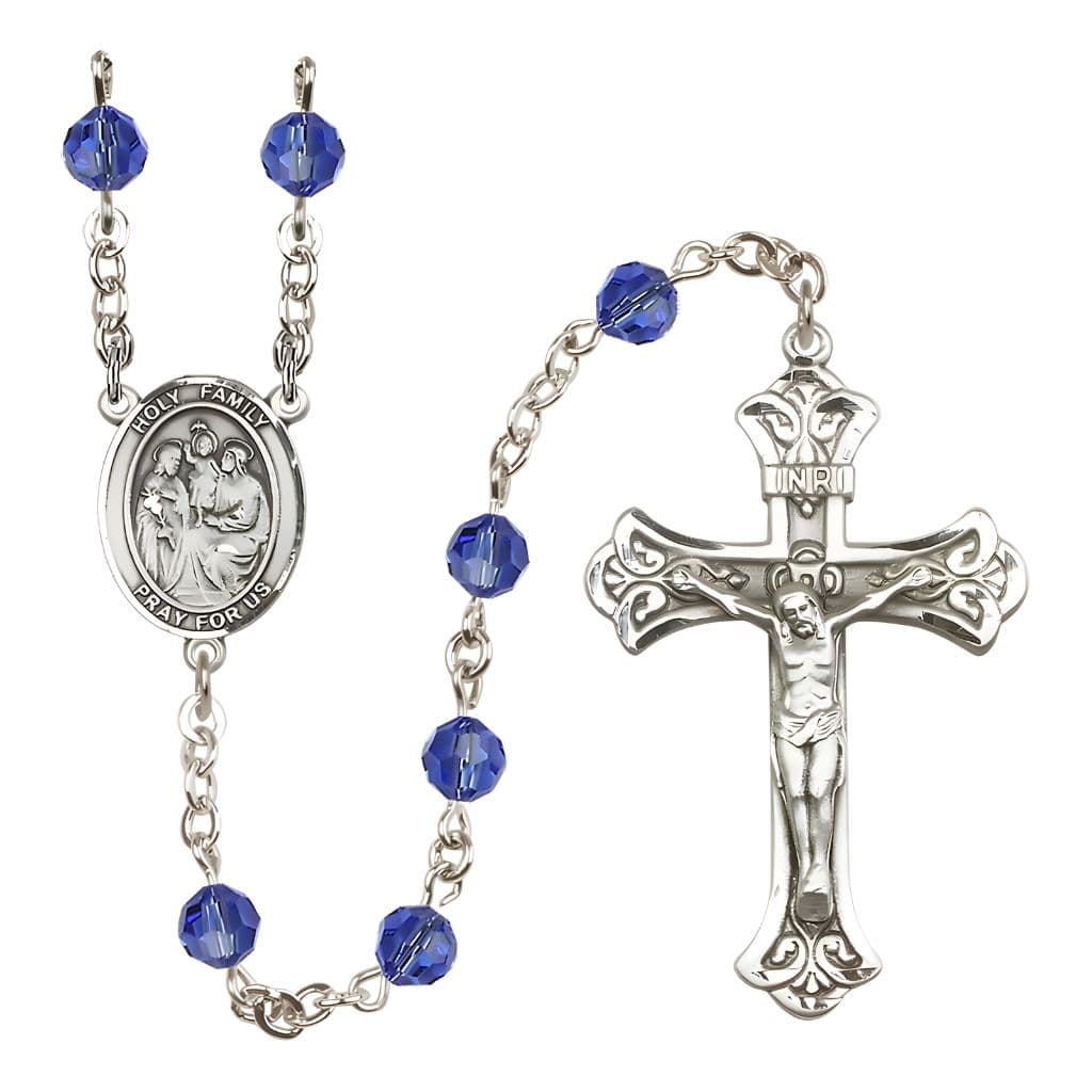 Bliss Holy Family Engravable Rosary with Sterling Silver Crucifix and Centerpiece, Birthstone 6mm Austrian Crystal Sapphire Beads for September