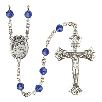 Holy Family Engravable Rosary with Sterling Silver Crucifix and Centerpiece, Birthstone 6mm Austrian Crystal Sapphire Beads for September, Bliss Manufacturing