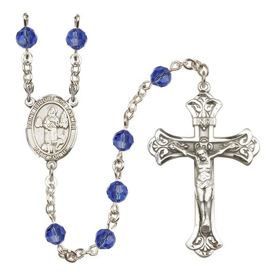 St. Isidore the Farmer Engravable Rosary with Sterling Silver Scroll Crucifix and Centerpiece, Birthstone 6mm Austrian Crystal Sapphire Beads for September, Bliss Manufacturing