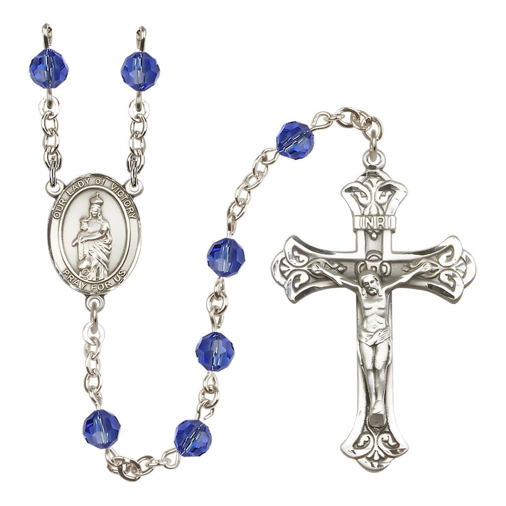Bliss Our Lady of Victory Sterling Silver September Birthstone Sapphire 6mm Austrian Crystal Rosary