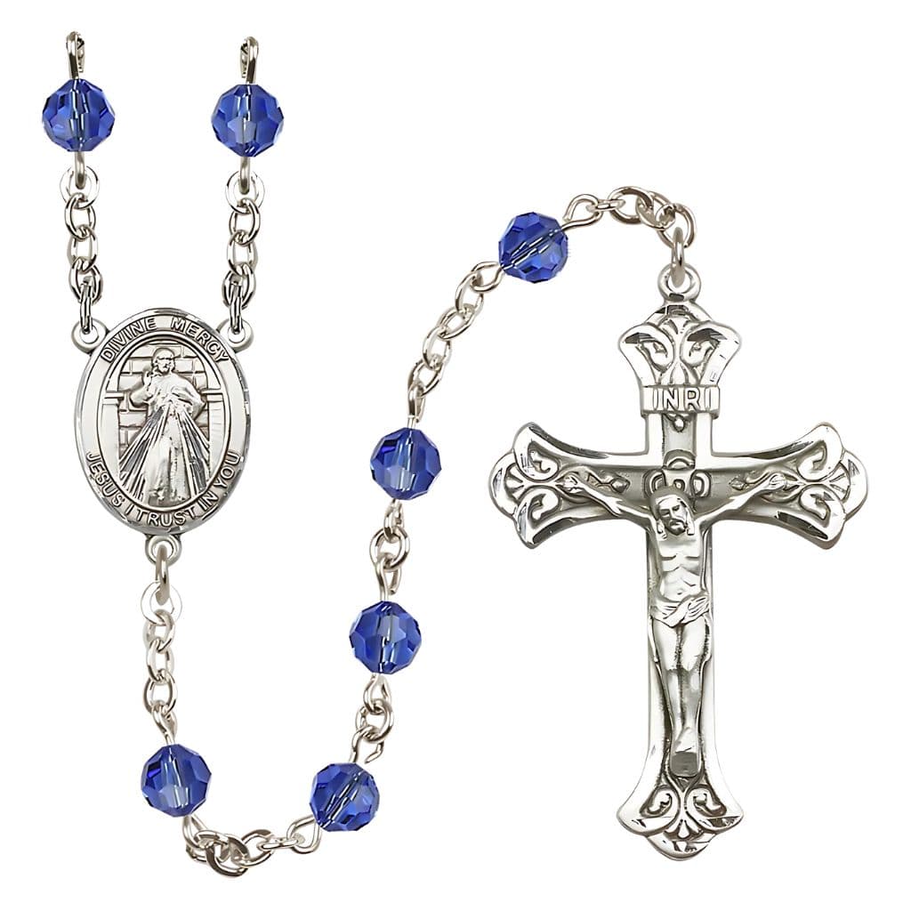 Bliss Jesus Divine Mercy Engravable Rosary with Sterling Silver Scroll Crucifix and Centerpiece, Birthstone 6mm Austrian Crystal Sapphire Beads for September