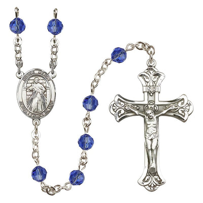 Jesus Divine Mercy Engravable Rosary with Sterling Silver Scroll Crucifix and Centerpiece, Birthstone 6mm Austrian Crystal Sapphire Beads for September, Bliss Manufacturing
