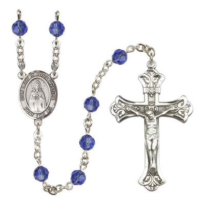 Our Lady of Rosa Mystica Rosary with Sterling Silver Scroll Crucifix and Centerpiece, Birthstone 6mm Austrian Crystal Sapphire Beads for September