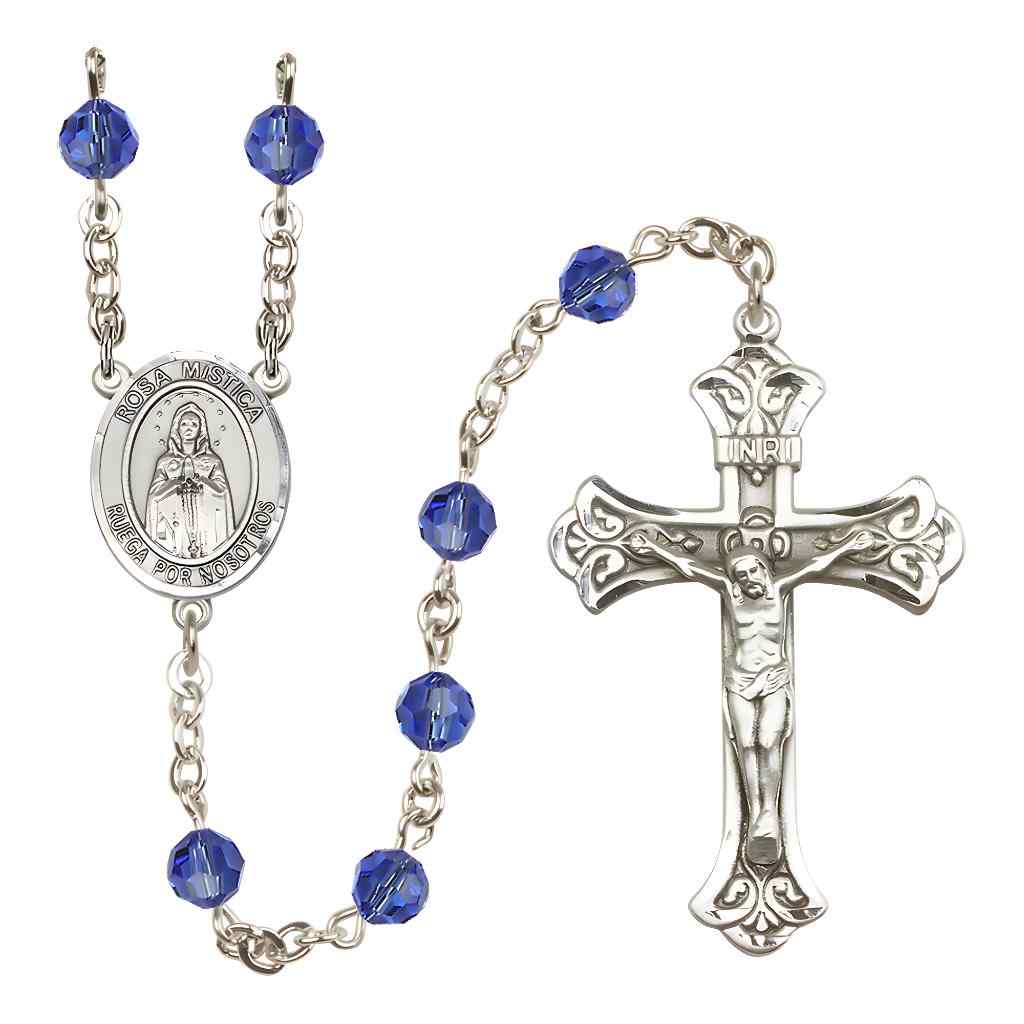 Spanish Rosa Mystica Rosary with Sterling Silver Scroll Crucifix and Centerpiece, Birthstone 6mm Austrian Crystal Sapphire Beads for September