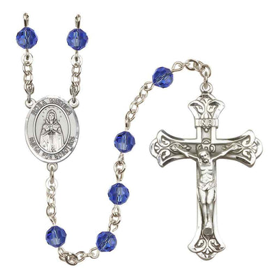 Spanish Rosa Mystica Rosary with Sterling Silver Scroll Crucifix and Centerpiece, Birthstone 6mm Austrian Crystal Sapphire Beads for September