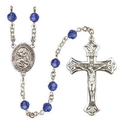 Our Lady of the Precious Blood Rosary with Sterling Silver Scroll Crucifix and Centerpiece, Birthstone 6mm Austrian Crystal Sapphire Beads for September