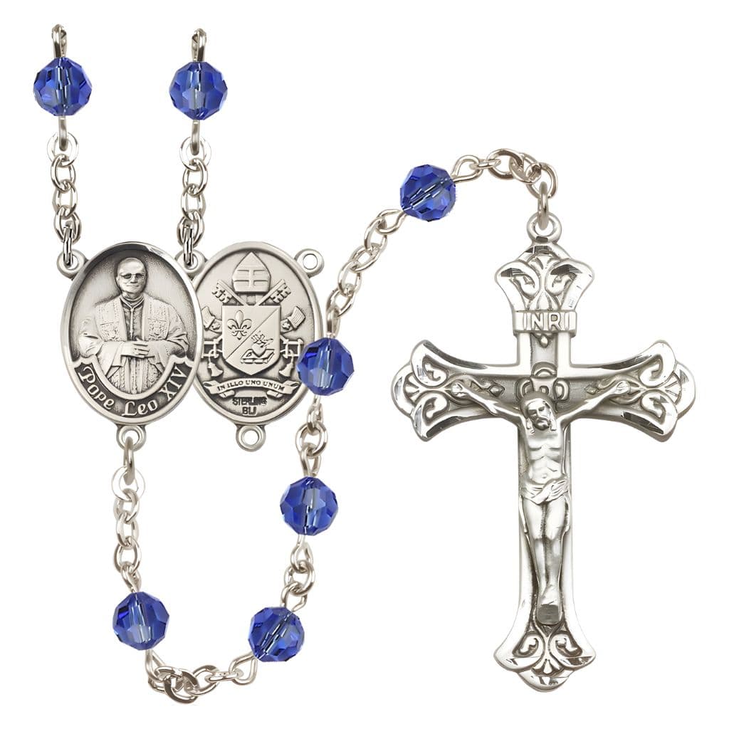 Bliss Pope Leo XIV Engravable Rosary with Sterling Silver Scallop Edge Crucifix and Centerpiece, Birthstone 6mm Austrian Crystal Sapphire Beads for September