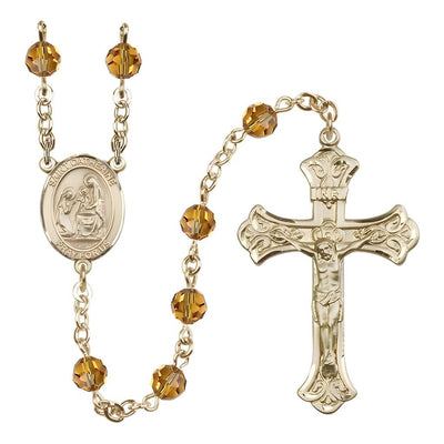 St. Catherine of Siena Engravable Rosary with Gold-filled Crucifix and Centerpiece, Birthstone 6mm Austrian Crystal Topaz Beads for November, Bliss Manufacturing