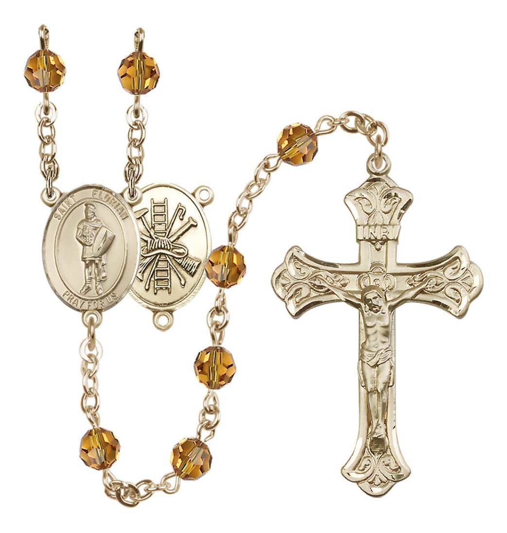 Bliss St Florian Firefighter Gold-filled Crystal Flared Crucifix Rosary in Topaz November Birthstone,