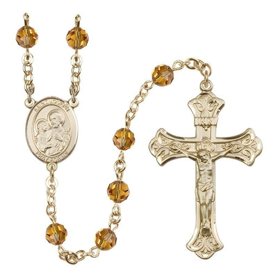 St. Joseph Rosary with Gold-filled Scroll Crucifix and Centerpiece, Birthstone 6mm Austrian Crystal Topaz Beads for November