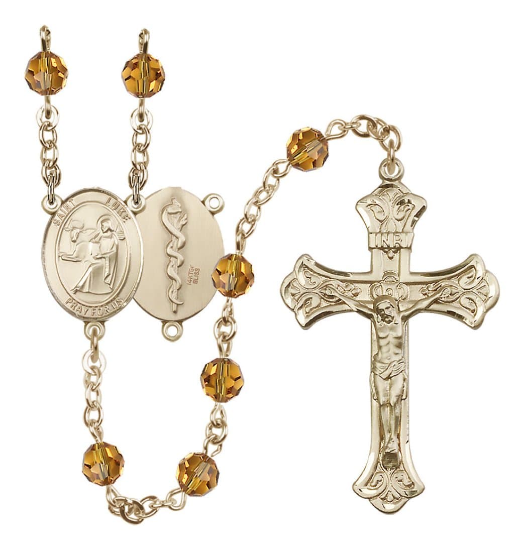 Bliss Doctor St Luke Gold-filled Crystal Flared Crucifix Rosary in Topaz,