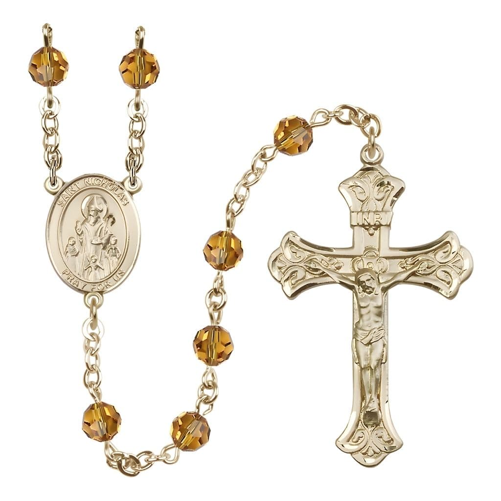 Bliss St. Nicholas Engravable Rosary with 14kt Gold-filled Centerpiece and Scroll Design Crucifix, November Birthstone 6mm Topaz Austrian Crystal Beads