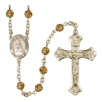 Our Lady of Rosa Mystica Rosary with Gold-filled Scroll Crucifix and Centerpiece, Birthstone 6mm Austrian Crystal Topaz Beads for November