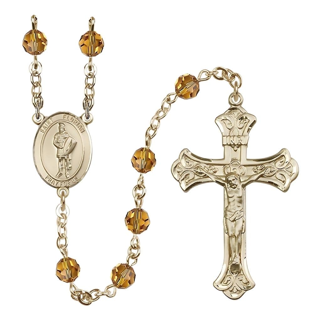 Bliss St. Florian 14kt Gold Scalloped Tip Crucifix Crystal Rosary with Topaz Beads,