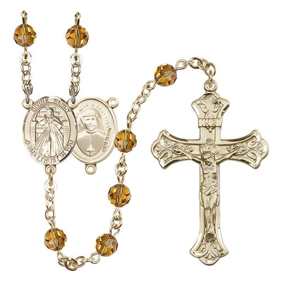 Jesus Divine Mercy Engravable Rosary with 14kt Gold Scroll Crucifix and Centerpiece, Birthstone 6mm Austrian Crystal Topaz Beads for November, Bliss Manufacturing
