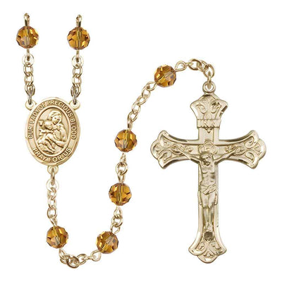 Our Lady of the Precious Blood Rosary with 14kt Gold Scroll Crucifix and Centerpiece, Birthstone 6mm Austrian Crystal Topaz Beads for November