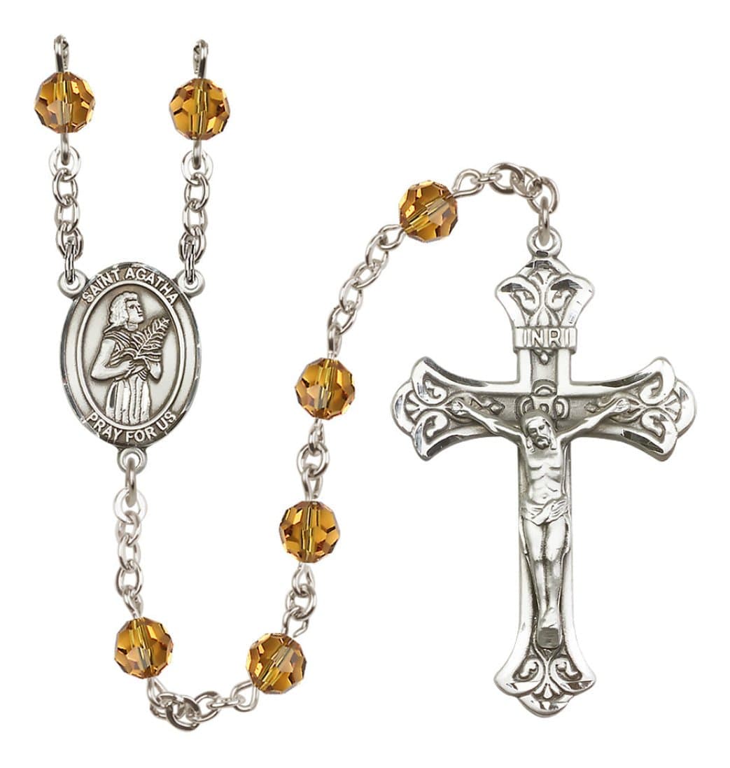  Bliss Sterling Silver 6mm Austrian Crystal Saint Agatha Rosary in Topaz,