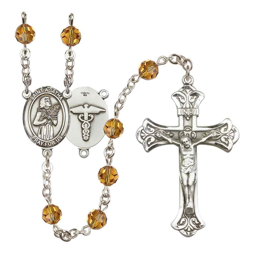 St. Agatha Nurse Sterling Silver 6mm Austrian Crystal Rosary