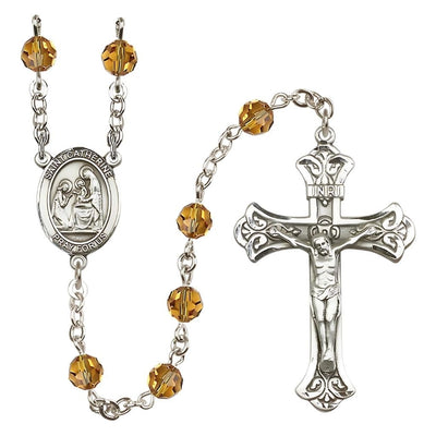 St. Catherine of Siena Engravable Rosary with Sterling Silver Crucifix and Centerpiece, Birthstone 6mm Austrian Crystal Topaz Beads for November, Bliss Manufacturing
