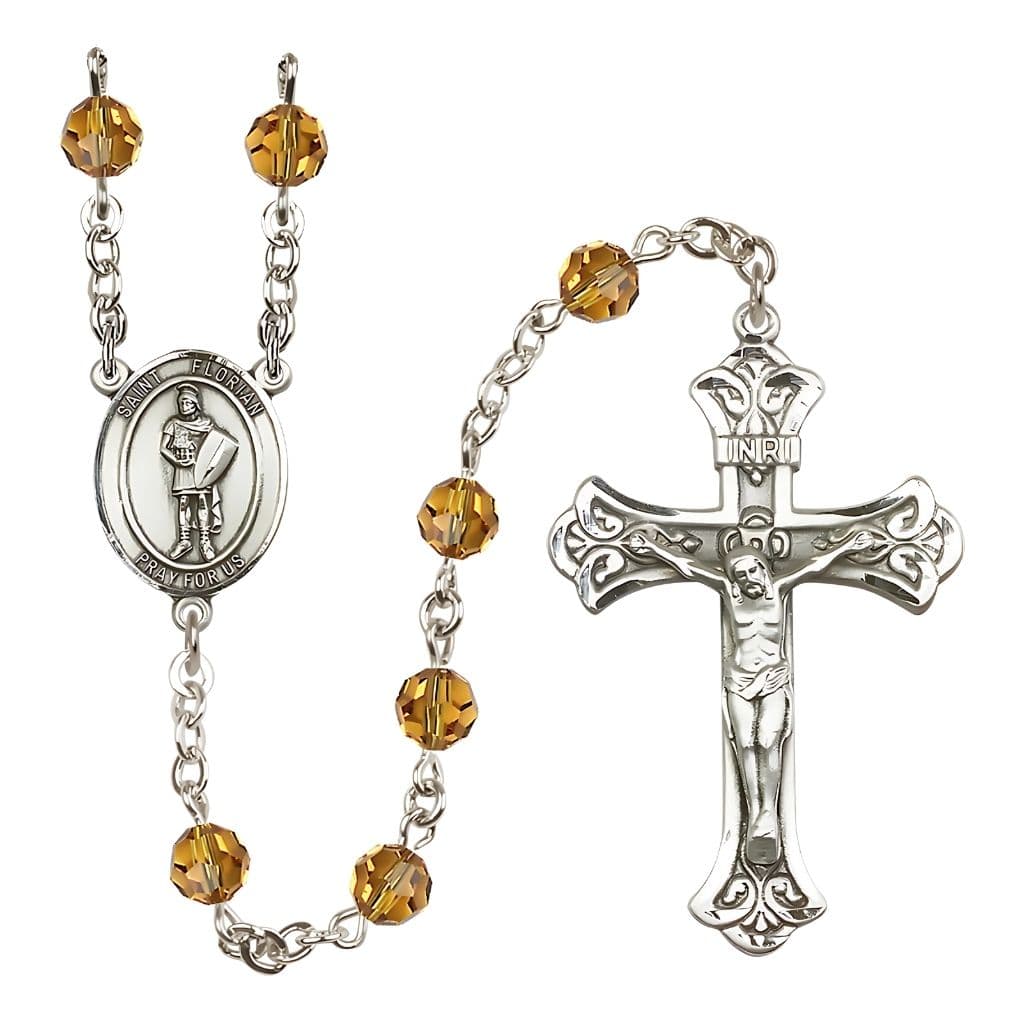 Bliss St Florian Sterling Silver Crystal Flared Crucifix Rosary in Topaz November Birthstone,