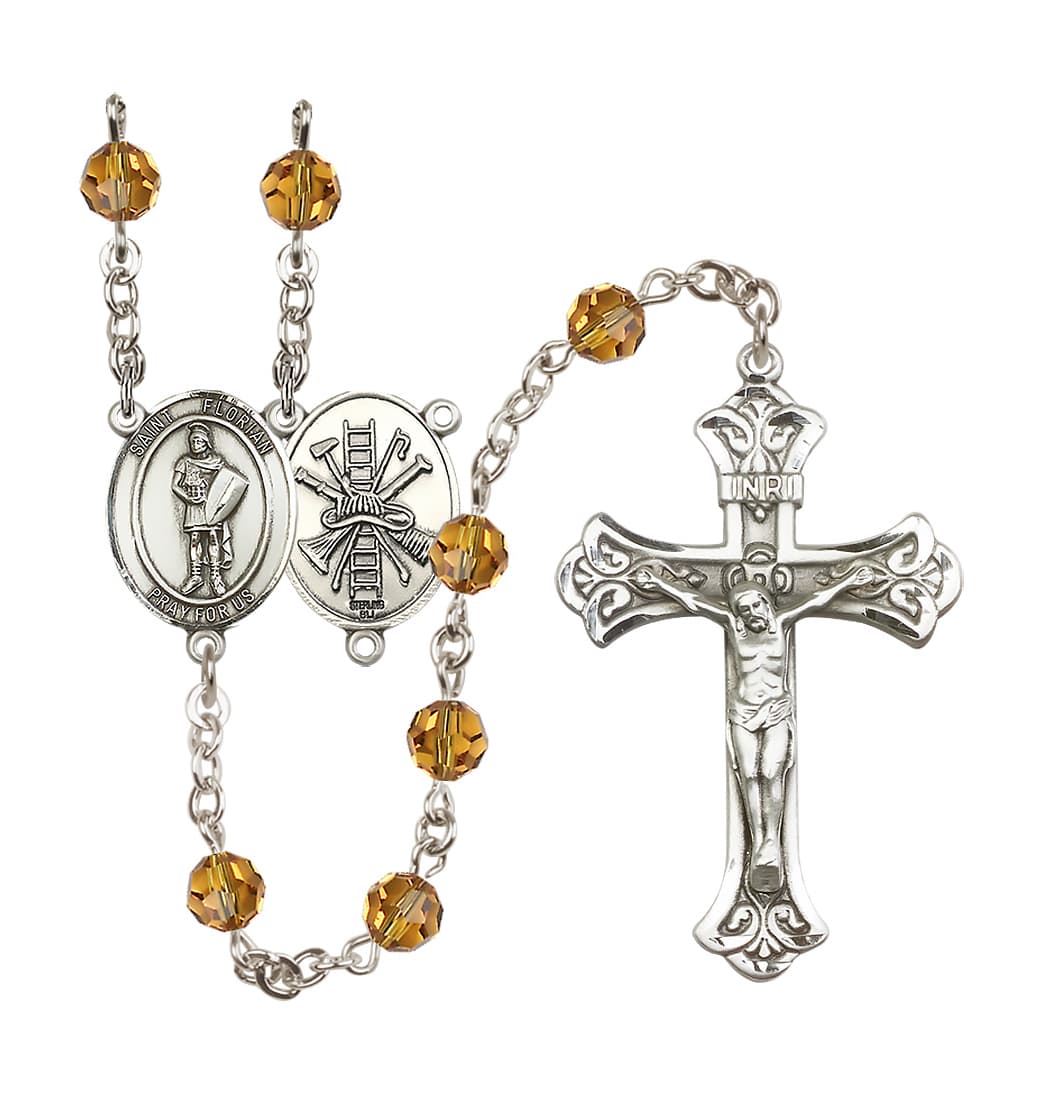 November Topaz Bliss Manufacturing St Florian Firefighter Sterling Silver Crystal Flared Crucifix Birthstone Rosary,