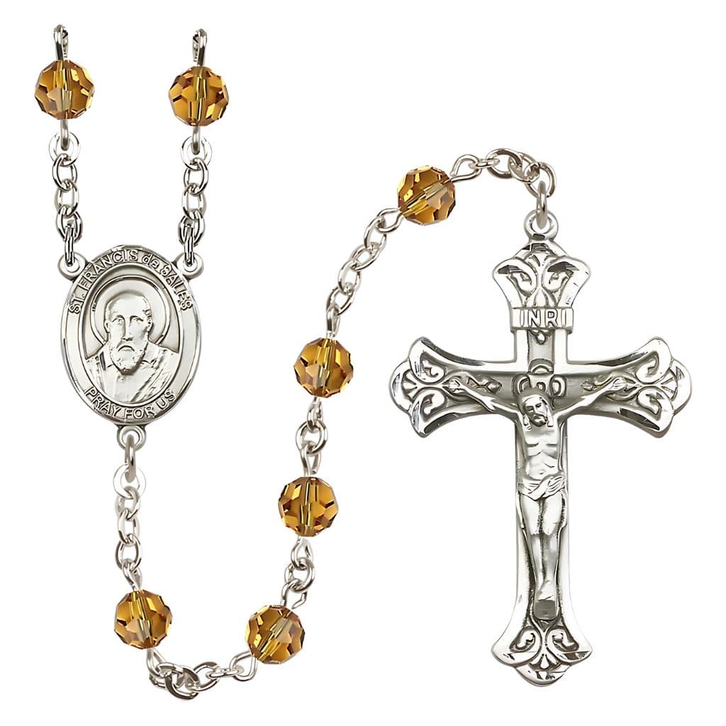 Bliss St. Francis de Sales Rosary with 6mm Topaz Austrian Crystal Beads and Sterling Silver in gift box,